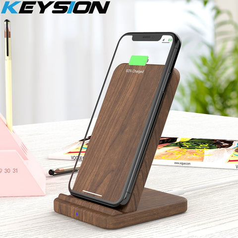 KEYSION 10W Wooden Qi Wireless Charger for iPhone 11 Pro XR XS Max Xiaomi mi9 fast Wireless Charging Stand for Samsung S10 S9 S8
